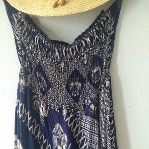 Maxi Dress Blue Bohemian Elephant Pattern . Ruched Bust Handmade Size L